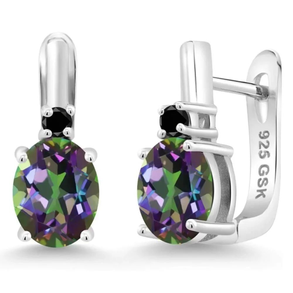 925 Sterling Silver with 4.73 Cttw Green Mystic Topaz and Black Diamond Earrings